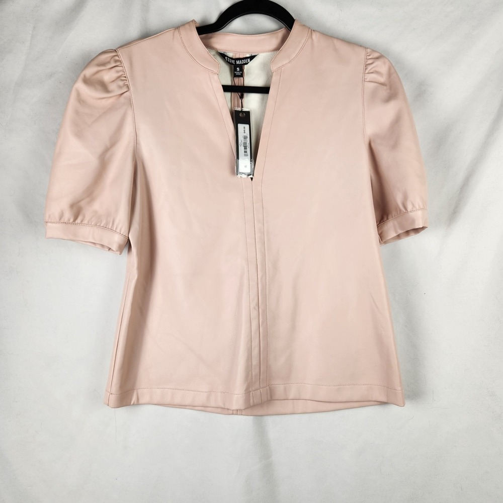 Steve Madden Jane Puff Sleeve Faux Leather Split Neck Top Rose Taupe Sz Small